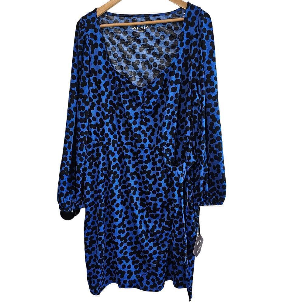 Ava & Viv Dress Womens Size XXL Blue Polka Dot V-Neck Long Sleeve Faux Tie Wrap